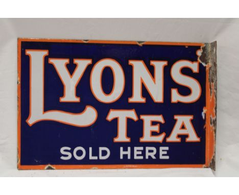 An enamel rectangular double-sided advertising sign "Lyon's Tea Sold Here", 12" x 18"