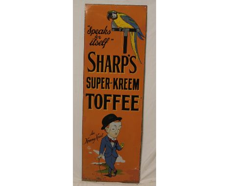 An enamel rectangular advertising sign "Sharp's Super-Kreem Toffee Speaks for Itself", 36" x 12"