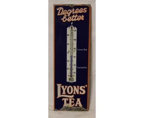 An enamel rectangular advertising sign "Lyons' Tea - Degrees Better" with inset thermometer, 23" x 7½"