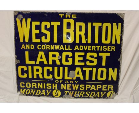 An old enamel Cornish rectangular advertising sign "The West Briton and Cornwall Advertiser - Largest Circulation of any Corn