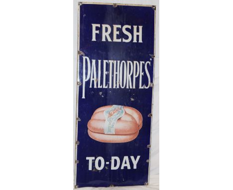 An old enamel rectangular advertising sign "Fresh Palethorpes's To-day", 36" x 15"