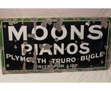 An enamel rectangular advertising sign "Moon's Pianos - Plymouth, Truro and Bugle - Write for List", 30" x 60" (af)
