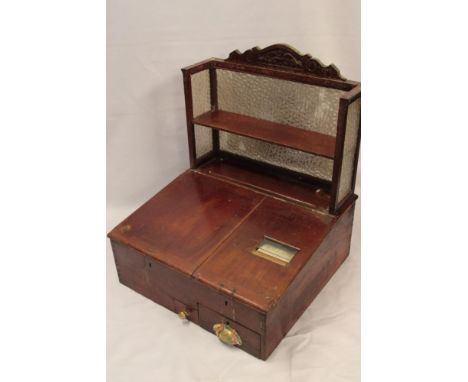 An old mahogany clerk's desk with inset till by GH Gledhill &amp; Sons Ltd Halifax with raised glazed back and open shelf, 27