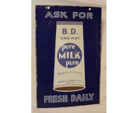 An enamel rectangular double-sided advertising sign "Ask for B.D. One Pint Pure Milk from Bladen Dairies Limited Dorset - Fre