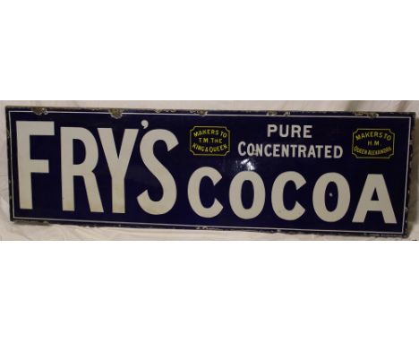 An old enamel rectangular advertising sign "Fry's Pure Concentrated Cocoa - Makers to T.M. The King and Queen/HM Queen Alexan