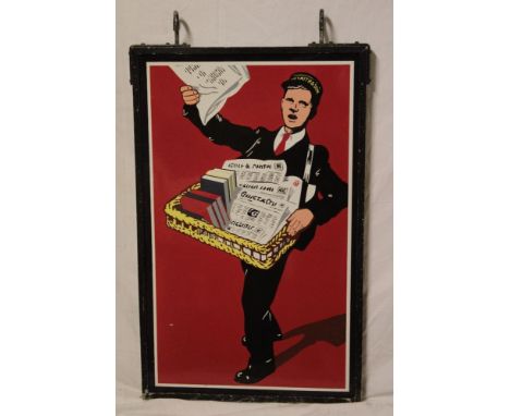 An enamel rectangular hanging advertising sign for WH Smith and Sons depicting a delivery boy, 27" x 17" overall