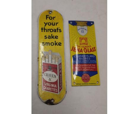 An enamel advertising door finger plate "For Your Throat's Sake Smoke Craven A Virginia Cigarettes", 11" x 3" and a small ena