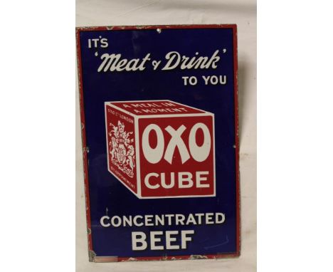 An enamel rectangular advertising sign "Its Meat and Drink to You - OXO Cube - Concentrated Beef", 18½" x 12"