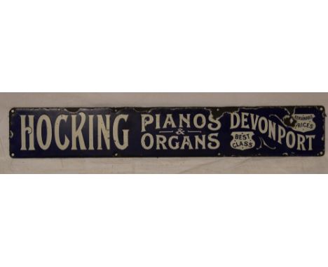 An enamel rectangular advertising sign "Hocking Piano and Organs Devonport", 5" x 28"