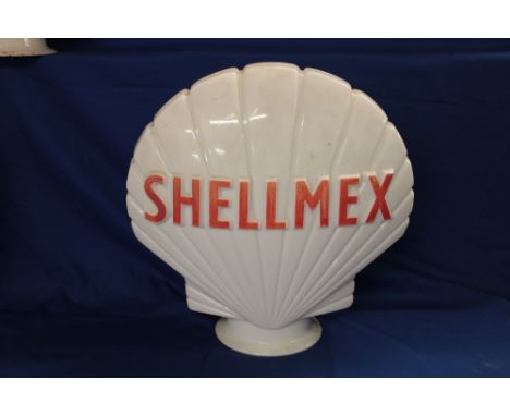 An opaque glass scallop-shaped petrol pump globe "Shellmex", 17" high (by Webb's Crystal Glass Co Limited "Property of Shell 