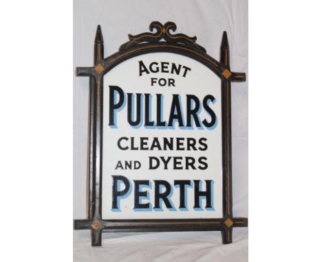 An old enamel double-sided arched advertising sign "Agent for Pullars Cleaners and Dyers Perth", 24 x 19" overall