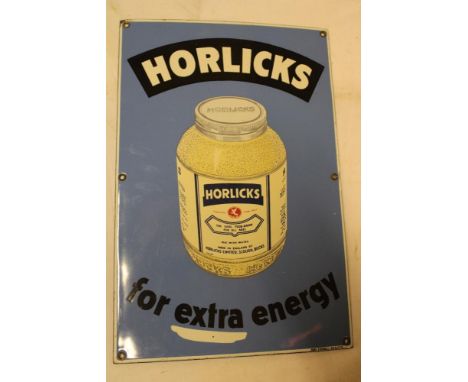 A reproduction enamel advertising sign "Horlicks For Extra Energy", 18" x 12"