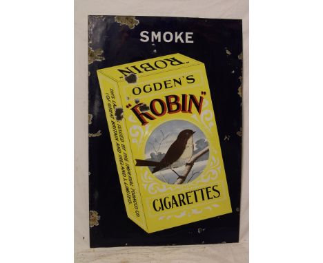 An enamel rectangular advertising sign "Smoke Odgen's Robin Cigarettes", 36" x 24"