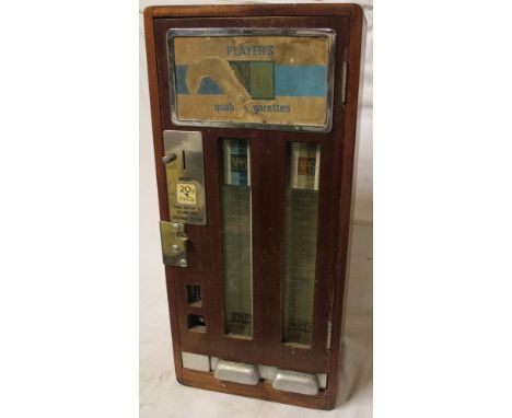 An old mahogany Player's single door cigarette vending machine with chromium plated mounts, 26" x 12" (with key but seized)