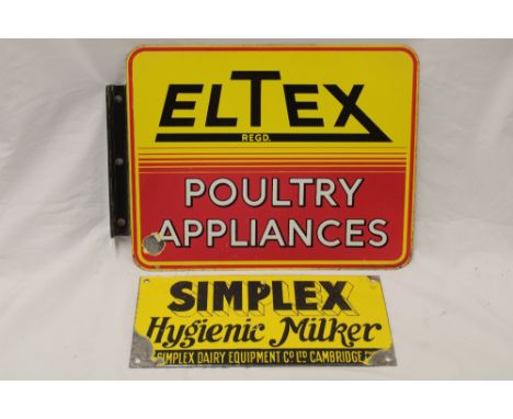 An enamel rectangular double-sided advertising sign "Eltex Poultry Appliances", 12" x 15" and an enamel rectangular sign "Sim