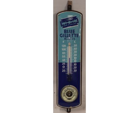 An unusual enamel advertising sign for "Gillette Blue Blades" with inset aneroid barometer marked "Gillette" and inset thermo