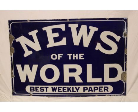 An old enamel rectangular advertising sign "News of the World - Best Weekly Paper", 24" x 36"
