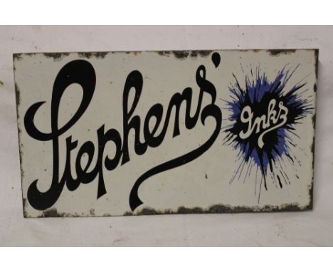 An enamel rectangular double-sided advertising sign, on one side "Stephens Inks" on the other side "Picture Postcards", 10" x