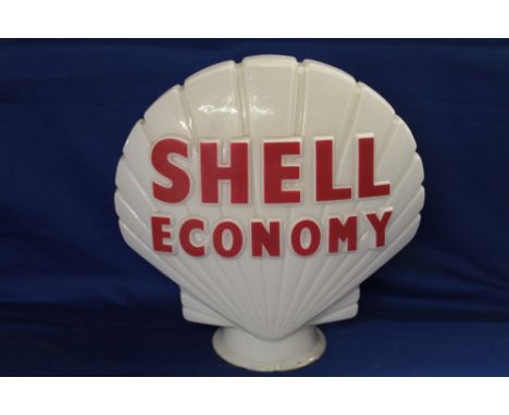 An opaque glass scallop-shaped petrol pump globe "Shell Economy", 17" high (by Hailware - "Property of Shell Mex and BP Limit