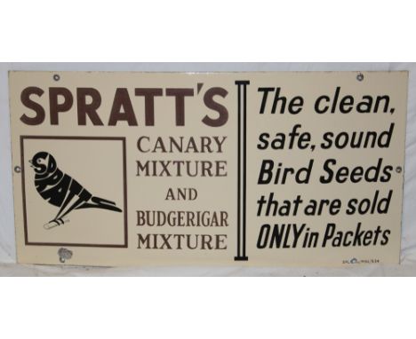 A rectangular enamel advertising sign "Spratt's Canary Mixture and Budgerigar Mixture - The clean, safe, sound bird seeds tha