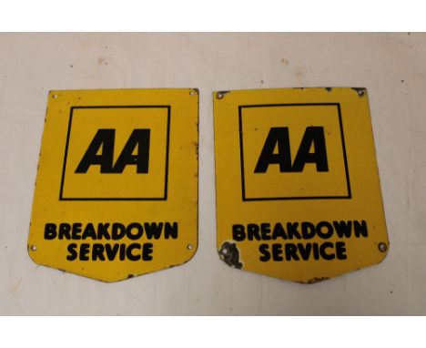 A pair of AA Breakdown Service enamel shield-shaped plaques, 9" x 7"