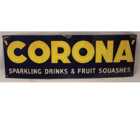 An enamel rectangular advertising sign "Corona Sparkling Drinks and Fruit Squashes", 10" x 30"