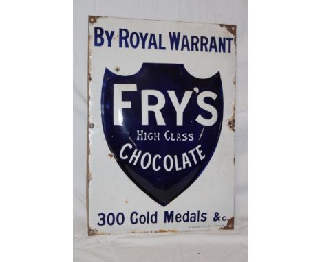 An old enamel rectangular raised advertising sign "Fry's High Class Chocolate- By Royal Warrant - 300 Gold Medals etc", 30" x