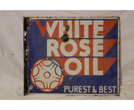 An enamel rectangular double-sided advertising sign - White Rose Oil - Purest and Best", 18" x 22"
