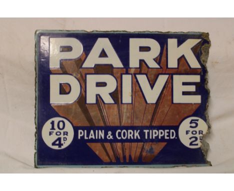 An enamel rectangular double-sided advertising sign "Park Drive - Plain and Cork Tip", 12" x 15" (af)