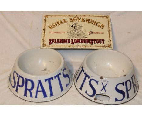 A pair of reproduction Spratt's enamel dog bowls and a reproduction enamel Royal Sovereign London Stout sign (3)
