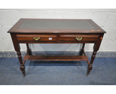 A MAHOGANY SIDE TABLE, with a green leather writing surface, two drawers, on turned legs united by a stretcher, length 105cm 