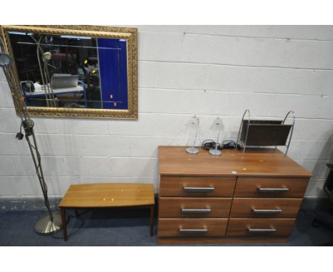 A MODERN SIDEBOARD WITH SIX DRAWERS, width 122cm x depth 51cm x height 76cm, a standard lamp, a pair of table lamps, a rectan