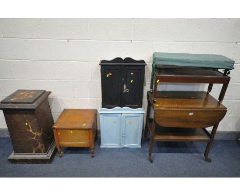 AN OAK DROP LEAF TEA TROLLEY, two painted double door cabinets, an Edwardian commode, a marbleized pedestal plinth, top measu