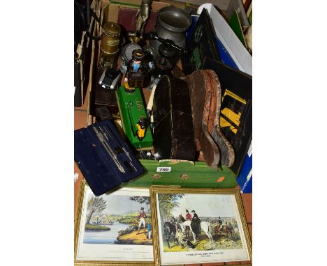 A BOX OF SUNDRY ITEMS ETC, to include a miniature brass miners lamp, brass dwarf candlesticks, Early 19th Century James Yates