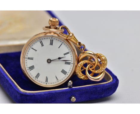 AN EARLY 20TH CENTURY GOLD POCKET WATCH AND PIN, a yellow gold open face pocket watch, round white dial, Roman numerals, poli