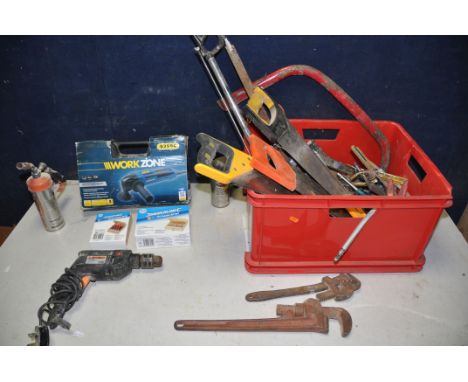 A COLLECTION OF TOOLS to include Workzone 92594 angle grinder (PAT pass and working), Challenge MCK5087D drill (PAT fail due 