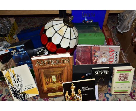 TWO BOXES OF BOOKS AND SUNDRY ITEMS, thirteen books to include antiques, antiquarian titles and Lidice by Ivan Cigánek, a box