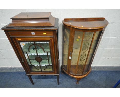 AN EDWARDIAN MAHOGANY AND INLAID SINGLE DOOR DISPLAY CABINET, width 56cm x depth 34cm x height 123cm, along with a walnut dem