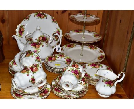 A THIRTY TWO PIECE ROYAL ALBERT OLD COUNTRY ROSES TEA SET, comprising a three tier cake stand, a cake plate, a tea pot, a cre