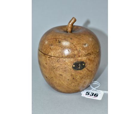 A REPRODUCTION FRUIT WOOD TEA CADDY IN THE FORM OF AN APPLE, hinged, metal lining, brass escutcheon (no key), height approxim