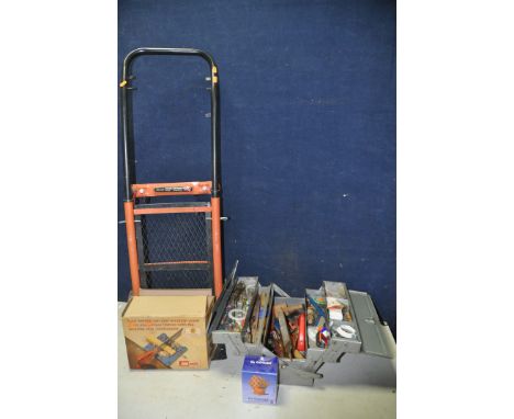 A POWERDEVIL TROLLEY TRUCK along with metal toolbox containing various tools, hammers, files, drill bits etc. and a Joint Mas