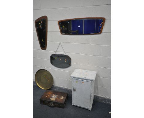 TWO MID CENTURY TEAK FRAMED WALL MIRRORS, and a frameless mirror, a Lloyd loom cupboard, an eastern brass plate, a vintage le