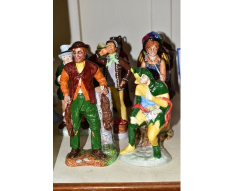 TWELVE EARLY COALPORT FIGURINES, comprising Jester, The Poacher, Tom Sawyer, Costermonger, Laughing Cavalier (chips and exten