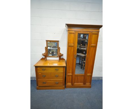 AN EDWARDIAN SATINWOOD TWO PIECE BEDROOM SUITE, comprising a single mirror door wardrobe, width 98cm x depth 50cm x height 19