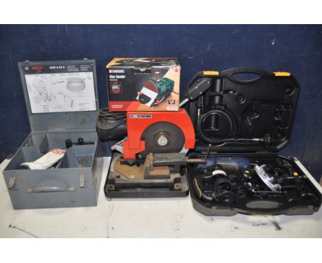 A COLLECTION OF POWERTOOLS to include Performance Power CLM700RTC rotary cutter, Parkside PTSG140C2 disc sander, Stayer TF84 
