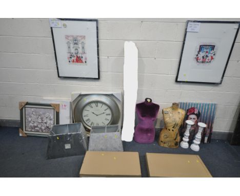 A SELECTION OF MISCELLANEOUS ITEMS, to include two womans mannequins (no stand) a boxed modern wall clock, five various wall 