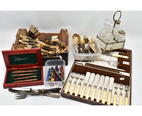 A BOX OF ASSORTED CUTLERY AND PENS, to include a 'Walker &amp; Hall Ltd' fish cutlery set, complete with servers, ivorine han