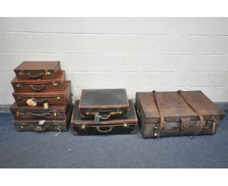 A SELECTION OF LUGGAGE, to include a vintage leather suitcase/trunk with an internal tray, width 92cm x depth 52cm x height 3
