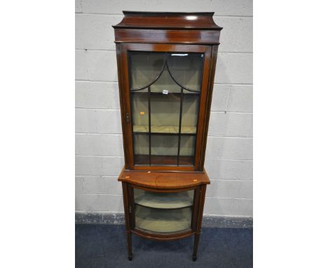 AN EDWARDIAN MAHOGANY AND BOX STUNG INLAID DISPLAY CABINET, with an astragal glazed door enclosing two shelves, over a base w