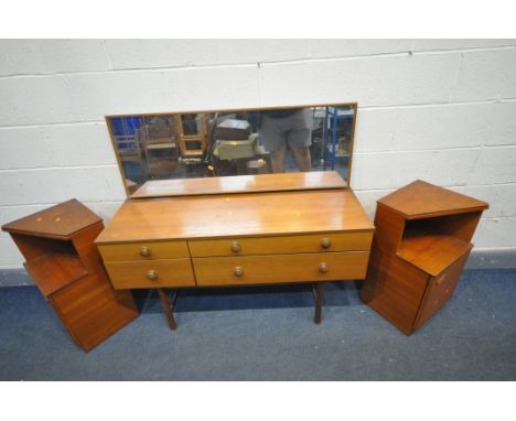 AN AVALON TEAK DRESSING TABLE, with a single rectangular mirror, and for assorted drawers, length 125cm x depth 43cm x height